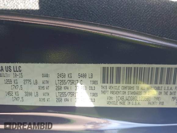 2016 Jeep Wrangler Unlimited Sport with VIN 1C4BJWDG0GL123581, listed as a IAAI auction lot 41426577 with 102,301 mi miles and . Bid and sale history available at DreamBid. Image 9.