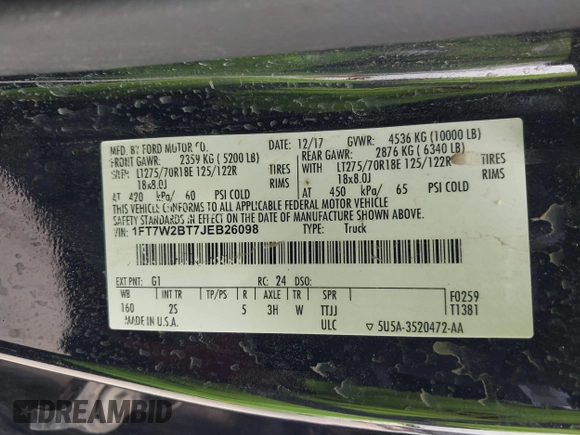 2018 Ford Super Duty F-250 SRW XL with VIN 1FT7W2BT7JEB26098, listed as a IAAI auction lot 41946894 with 160,396 mi miles. Bid and sale history available at carsss.com. Image 9.