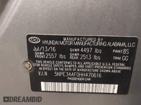 2017 Hyundai Sonata Sport with VIN 5NPE34AF0HH470616, listed as a IAAI auction lot 41550055 with 157,969 mi miles. Bid and sale history available at carsss.com. Image 9.