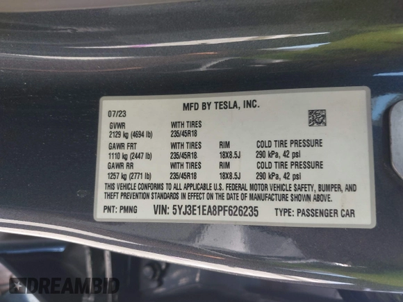 2023 Tesla Model 3 with VIN 5YJ3E1EA8PF626235, listed as a IAAI auction lot 42022893 with 30,333 mi miles and . Bid and sale history available at DreamBid. Image 9.