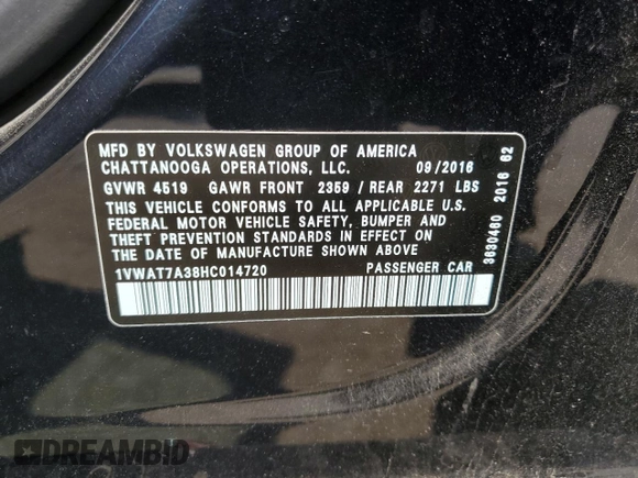 2017 Volkswagen Passat S z VIN 1VWAT7A38HC014720, wystawiony jako Copart lot #58744235 z przebiegiem 273 593 mil mil oraz Czysty tytuł • Clean title. Historia ofert i sprzedaży dostępna na DreamBid. Obrazek 12.
