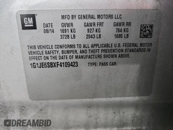 2015 Chevrolet Sonic LTZ with VIN 1G1JE6SBXF4109423, listed as a Copart auction lot 60329525 with 109,126 mi miles and Salvage title. Bid and sale history available at DreamBid. Image 12.
