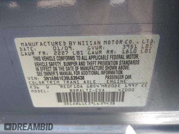 2009 Nissan Sentra FE+ with VIN 3N1AB61E39L639438, listed as a IAAI auction lot 41463714 with 176,503 mi miles and . Bid and sale history available at DreamBid. Image 9.
