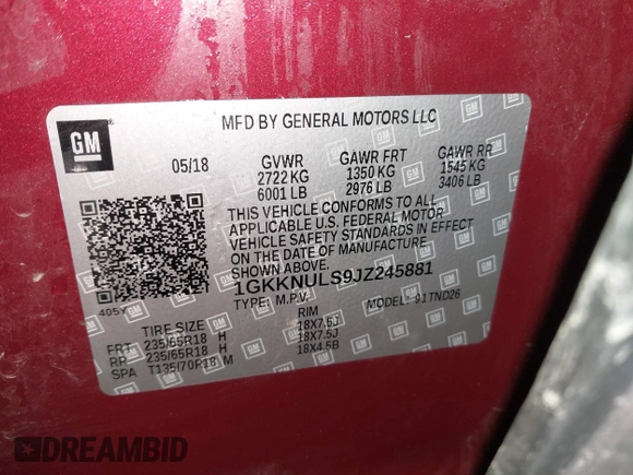 2018 GMC Acadia SLT with VIN 1GKKNULS9JZ245881, listed as a IAAI auction lot 42022142 with 77,590 mi miles and . Bid and sale history available at DreamBid. Image 9.