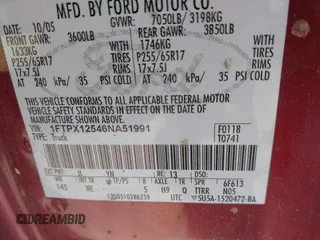 2006 Ford F-150 XLT с VIN 1FTPX12546NA51991, выставлен на аукционе IAAI как лот 41748882 с пробегом 144 313 миль миль и . История ставок и продаж доступна на DreamBid. Изображение 9.