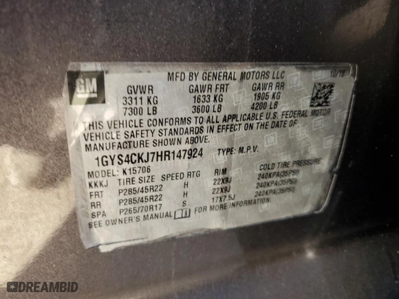 2017 Cadillac Escalade Premium Luxury with VIN 1GYS4CKJ7HR147924, listed as a Copart auction lot 86201344 with 0 mi miles and Salvage Title. Bid and sale history available at carsss.com. Image 15.