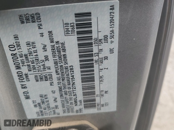 2022 Ford Transit Connect XLT with VIN NM0LS7T27N1541283, listed as a Copart auction lot 63234295 with 19,897 mi miles and Salvage title. Bid and sale history available at DreamBid. Image 14.