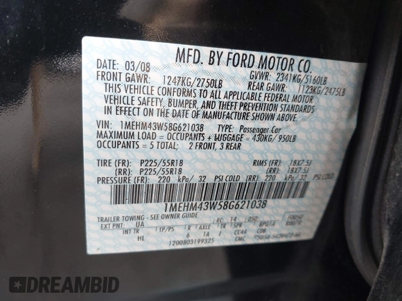 2008 Mercury Sable Premier с VIN 1MEHM43W58G621038, выставлен на аукционе IAAI как лот 42524980 с пробегом 128 171 миль миль и . История ставок и продаж доступна на DreamBid. Изображение 9.