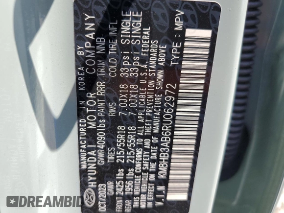 2024 Hyundai Kona SEL with VIN KM8HB3AB6RU062972, listed as a Copart auction lot 59031604 with 9,840 mi miles and Salvage Title. Bid and sale history available at DreamBid. Image 14.