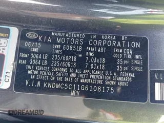 2016 Kia Sedona SX with VIN KNDMC5C11G6108175, listed as a IAAI auction lot 41860358 with 107,329 mi miles. Bid and sale history available at carsss.com. Image 9.