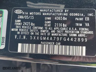 2015 Kia Optima LX with VIN 5XXGM4A79FG442899, listed as a IAAI auction lot 41859111 with 169,130 mi miles. Bid and sale history available at carsss.com. Image 9.