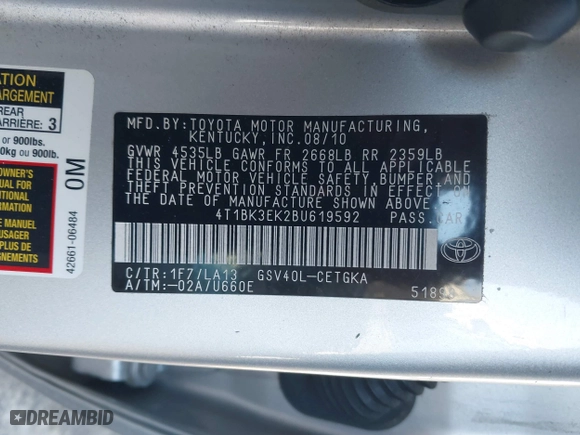 2011 Toyota Camry LE with VIN 4T1BK3EK2BU619592, listed as a IAAI auction lot 41455317 with 154,663 mi miles. Bid and sale history available at carsss.com. Image 9.