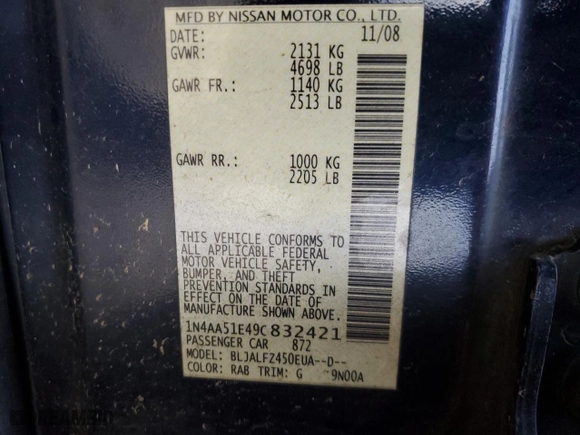 2009 Nissan Maxima 3.5 SV w/Sport Pkg with VIN 1N4AA51E49C832421, listed as a Copart auction lot 82136024 with 258,286 mi miles and Clean Title. Bid and sale history available at carsss.com. Image 14.