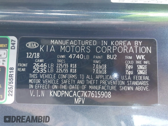 2019 Kia Sportage EX with VIN KNDPNCAC7K7615908, listed as a IAAI auction lot 42004220 with 86,654 mi miles. Bid and sale history available at carsss.com. Image 9.
