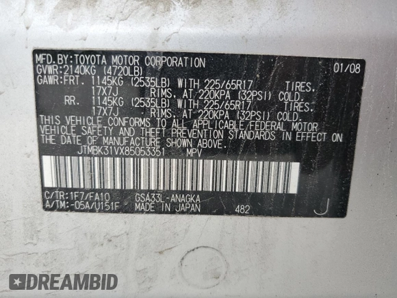 2008 Toyota RAV4 Limited с VIN JTMBK31VX85053351, выставлен на аукционе Copart как лот 61937805 с пробегом 138 139 миль миль и Чистый • Clean title. История ставок и продаж доступна на DreamBid. Изображение 13.