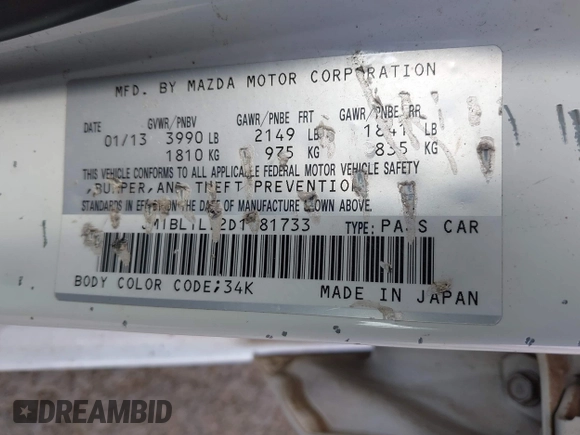 2013 Mazda 3 i Touring with VIN JM1BL1L72D1781733, listed as a IAAI auction lot 41903733 with 138,286 mi miles and . Bid and sale history available at carsss.com. Image 9.