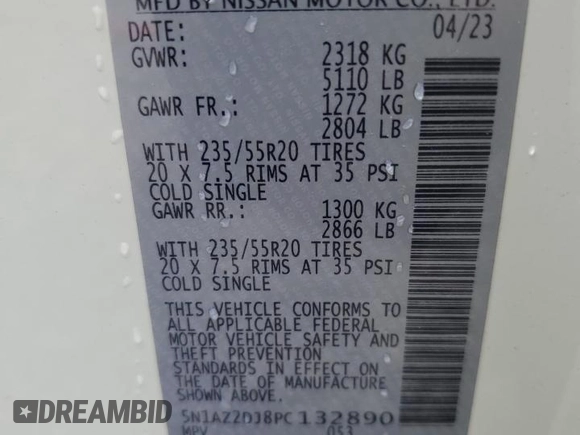 2023 Nissan Murano Platinum z VIN 5N1AZ2DJ8PC132890, wystawiony jako Copart lot #55325125 z przebiegiem 13 492 mil mil oraz Szkoda całkowita • Salvage title. Historia ofert i sprzedaży dostępna na DreamBid. Obrazek 13.