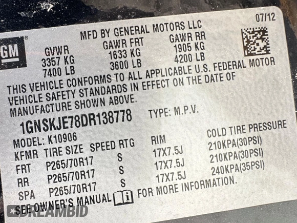 2013 Chevrolet Suburban LT with VIN 1GNSKJE78DR138778, listed as a Copart auction lot 55407775 with 100,121 mi miles and Clean Title. Bid and sale history available at DreamBid. Image 10.