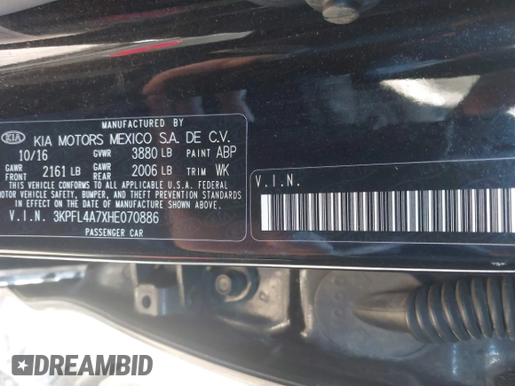 2017 Kia Forte LX with VIN 3KPFL4A7XHE070886, listed as a IAAI auction lot 41882091 with 46,035 mi miles and . Bid and sale history available at carsss.com. Image 9.