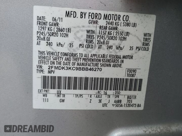 2011 Ford Edge Limited with VIN 2FMDK3KC9BBB46270, listed as a Copart auction lot 51359355 with 57,563 mi miles and Clean Title. Bid and sale history available at carsss.com. Image 13.