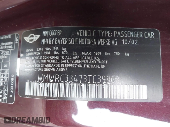 2003 MINI Hardtop с VIN WMWRC33473TC39868, выставлен на аукционе IAAI как лот 41279678 с пробегом 162 005 миль миль и . История ставок и продаж доступна на DreamBid. Изображение 9.