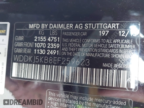 2014 Mercedes-Benz E 350 with VIN WDDKJ5KB8EF259623, listed as a IAAI auction lot 41771020 with 92,099 mi miles and . Bid and sale history available at DreamBid. Image 9.