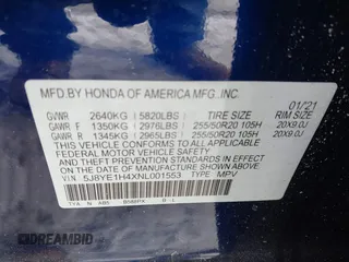 2022 Acura MDX Technology with VIN 5J8YE1H4XNL001553, listed as a IAAI auction lot 41617877 with 41,244 mi miles and . Bid and sale history available at DreamBid. Image 9.