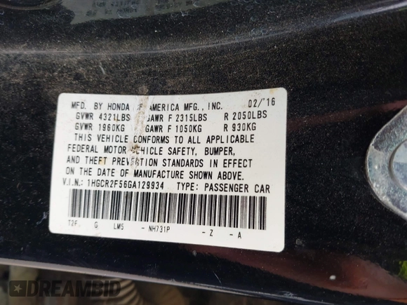 2016 Honda Accord Sport with VIN 1HGCR2F56GA129934, listed as a IAAI auction lot 41935822 with 140,608 mi miles and . Bid and sale history available at DreamBid. Image 9.