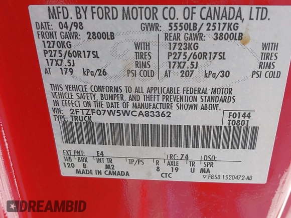 1998 Ford F-150 с VIN 2FTZF07W5WCA83362, выставлен на аукционе IAAI как лот 41544850 с пробегом 182 364 миль миль и . История ставок и продаж доступна на DreamBid. Изображение 9.