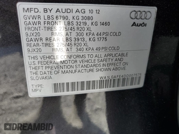 2013 Audi Q7 Premium Plus with VIN WA1LGAFE4DD007575, listed as a Copart auction lot 59078855 with 132,428 mi miles and Salvage title. Bid and sale history available at DreamBid. Image 13.