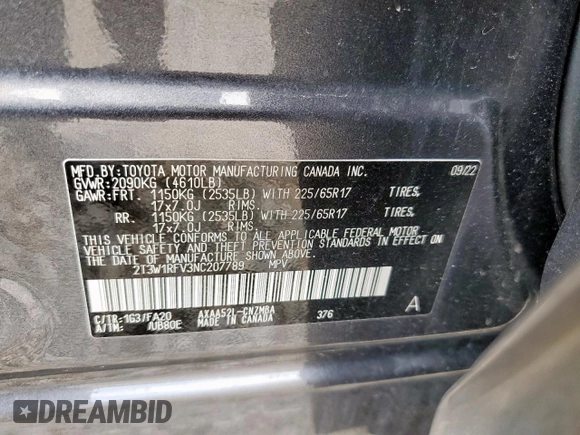 2022 Toyota RAV4 XLE with VIN 2T3W1RFV3NC207789, listed as a Copart auction lot 60106225 with 87,477 mi miles and Salvage title. Bid and sale history available at DreamBid. Image 14.
