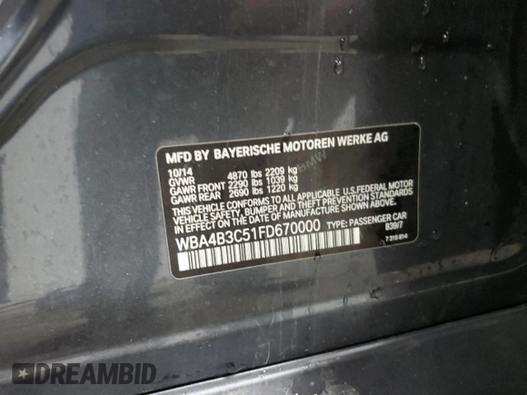 2015 BMW 4 Series 435i xDrive with VIN WBA4B3C51FD670000, listed as a Copart auction lot 50368955 with 75,880 mi miles and Salvage Title. Bid and sale history available at DreamBid. Image 12.