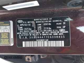 2014 Kia Optima EX z VIN 5XXGN4A77EG338455, wystawiony jako IAAI lot #42071765 z przebiegiem 136 331 mil mil oraz . Historia ofert i sprzedaży dostępna na DreamBid. Obrazek 9.