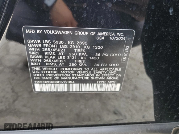 2025 Volkswagen Atlas SEL Premium R-Line z VIN 1V2FR2CA8SC512394, wystawiony jako Copart lot #52799785 z przebiegiem 1 780 mil mil oraz Szkoda całkowita • Salvage title. Historia ofert i sprzedaży dostępna na DreamBid. Obrazek 13.