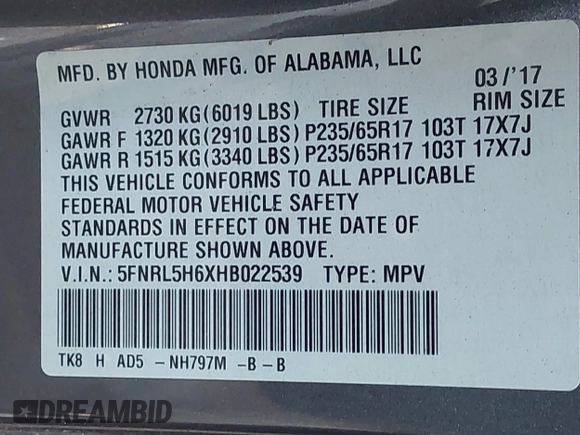 2017 Honda Odyssey EX-L with VIN 5FNRL5H6XHB022539, listed as a IAAI auction lot 41702635 with 51,881 mi miles and . Bid and sale history available at DreamBid. Image 9.