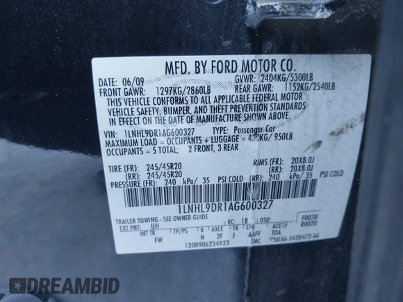 2010 Lincoln MKS with VIN 1LNHL9DR1AG600327, listed as a IAAI auction lot 41268773 with 149,237 mi miles and . Bid and sale history available at DreamBid. Image 9.