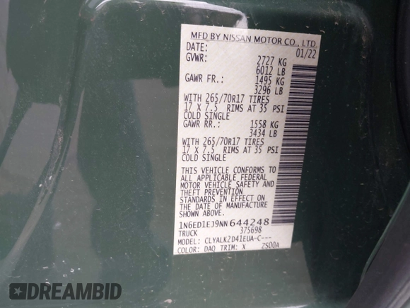 2022 Nissan Frontier SV with VIN 1N6ED1EJ9NN644248, listed as a IAAI auction lot 41731769 with 63,727 mi miles and . Bid and sale history available at DreamBid. Image 9.