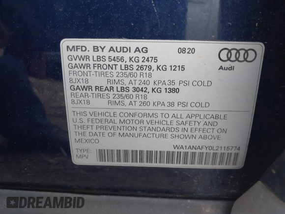 2020 Audi Q5 Premium with VIN WA1ANAFY0L2115774, listed as a IAAI auction lot 41888672 with 53,703 mi miles. Bid and sale history available at carsss.com. Image 9.