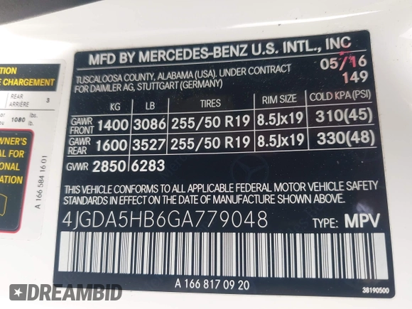 2016 Mercedes-Benz GLE 350 with VIN 4JGDA5HB6GA779048, listed as a IAAI auction lot 42083192 with 95,840 mi miles and . Bid and sale history available at DreamBid. Image 9.