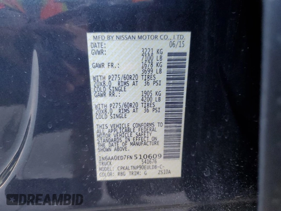2015 Nissan Titan SL with VIN 1N6AA0ED7FN510609, listed as a Copart auction lot 74371254 with 115,916 mi miles and Salvage Title. Bid and sale history available at carsss.com. Image 12.
