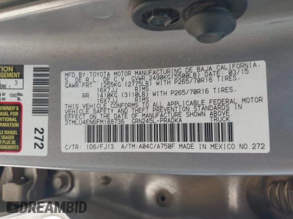 2015 Toyota Tacoma with VIN 3TMLU4EN6FM188736, listed as a IAAI auction lot 42605859 with 210,717 mi miles and . Bid and sale history available at DreamBid. Image 9.