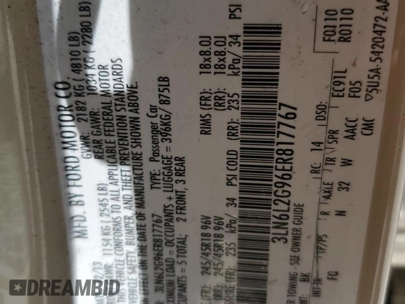 2014 Lincoln MKZ with VIN 3LN6L2G96ER817767, listed as a Copart auction lot 56537015 with 127,373 mi miles and Salvage title. Bid and sale history available at DreamBid. Image 12.