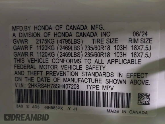 2025 Honda CR-V EX-L with VIN 2HKRS4H78SH407208, listed as a IAAI auction lot 41023125 with 5,817 mi miles and . Bid and sale history available at DreamBid. Image 9.