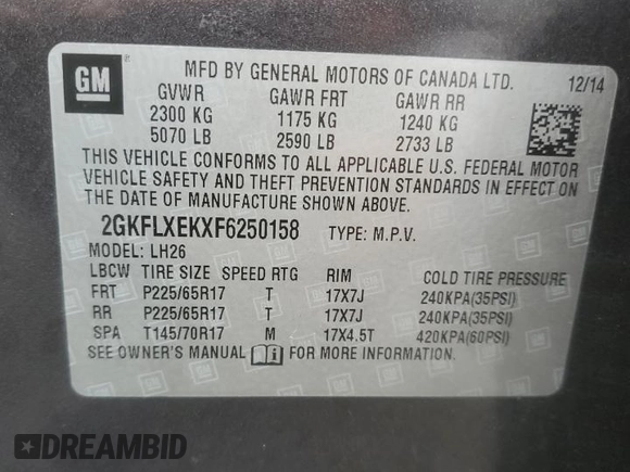 2015 GMC Terrain SLT with VIN 2GKFLXEKXF6250158, listed as a Copart auction lot 55466585 with 105,766 mi miles and Clean Title. Bid and sale history available at carsss.com. Image 13.
