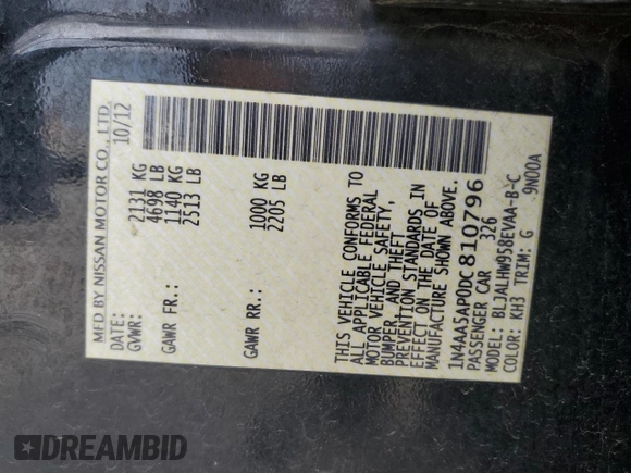 2013 Nissan Maxima SV with VIN 1N4AA5AP0DC810796, listed as a Copart auction lot 53444805 with 173,015 mi miles and Salvage Title. Bid and sale history available at DreamBid. Image 12.