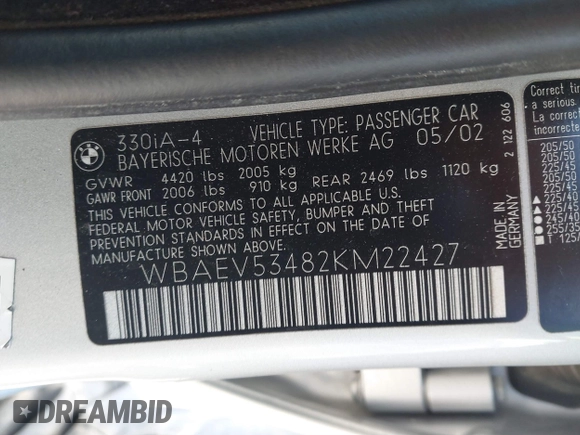 2002 BMW 3 Series 330i with VIN WBAEV53482KM22427, listed as a IAAI auction lot 41867713 with 205,653 mi miles and . Bid and sale history available at DreamBid. Image 9.