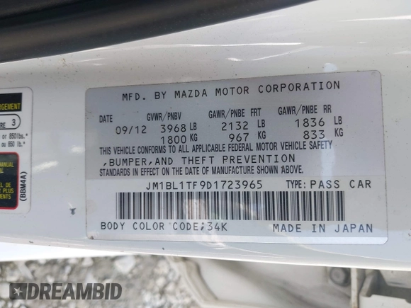2013 Mazda 3 i SV with VIN JM1BL1TF9D1723965, listed as a IAAI auction lot 41934742 with 201,712 mi miles. Bid and sale history available at carsss.com. Image 9.