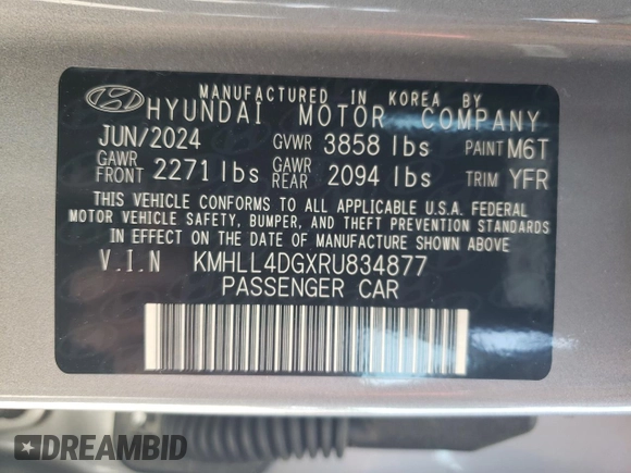 2024 Hyundai Elantra SE с VIN KMHLL4DGXRU834877, выставлен на аукционе Copart как лот 54592615 с пробегом 3 888 миль миль и Списание • Salvage title. История ставок и продаж доступна на DreamBid. Изображение 12.