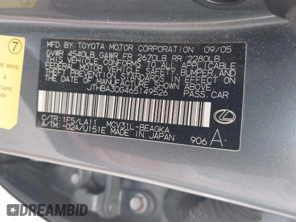 2006 Lexus ES 350 with VIN JTHBA30G465149526, listed as a IAAI auction lot 42278306 with 319,069 mi miles and . Bid and sale history available at DreamBid. Image 9.
