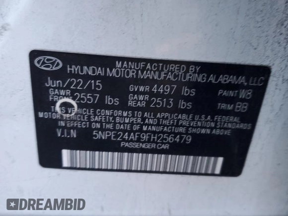 2015 Hyundai Sonata 2.4L SE with VIN 5NPE24AF9FH256479, listed as a Copart auction lot 42249475 with 140,529 mi miles and Clean Title. Bid and sale history available at carsss.com. Image 12.